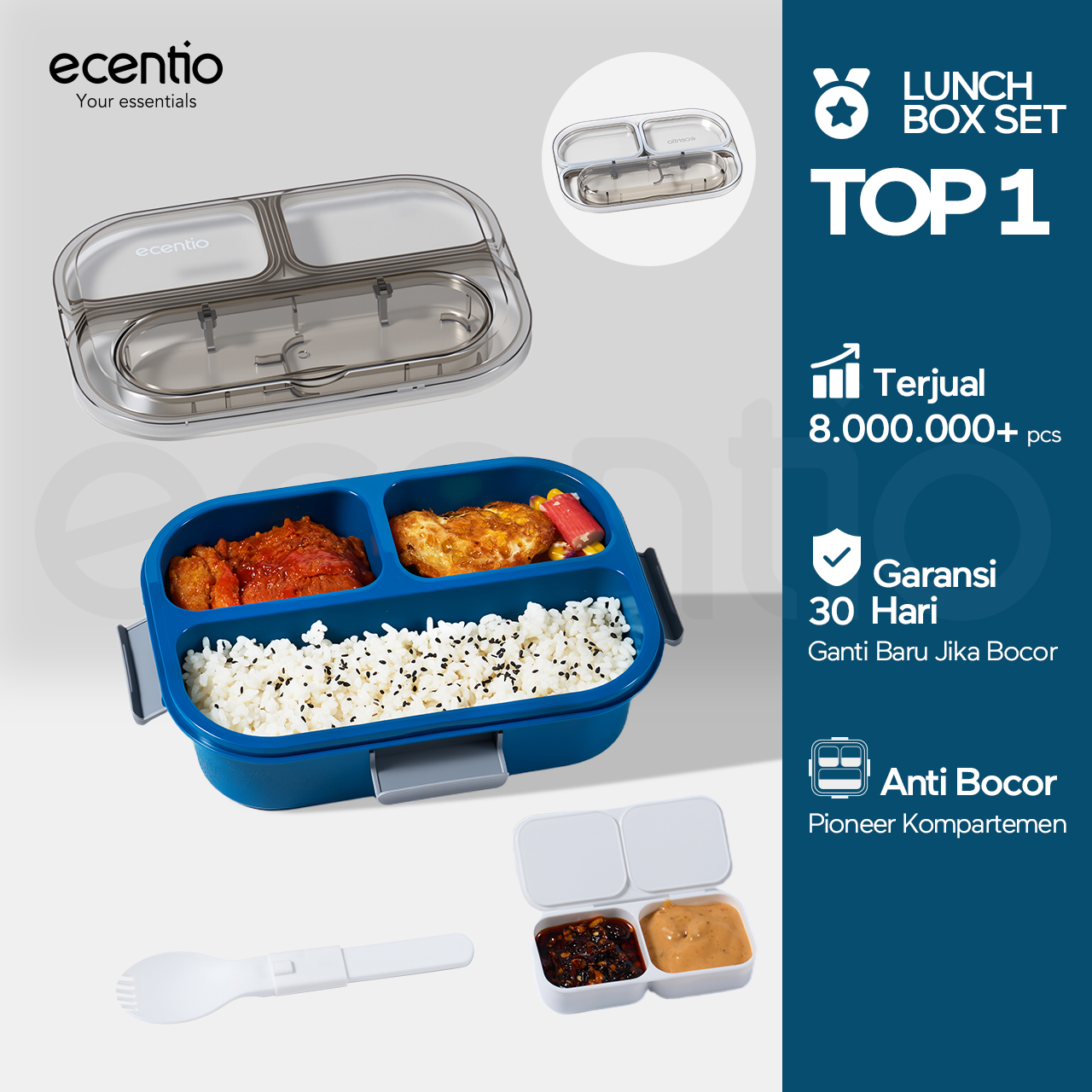 【15k voucher】ecentio tempat makan bekal dewasa konges slojd lunch box kotak bekal anti tumpah 1100ml 3 gird lunch box set free sendok kotak saus BPA FREE PP tebal berkualitas Solusi outdoor dan office-C Harga  150,000 rupiah*Gratis Ongkir