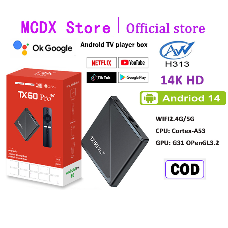 Tx60 Pro Android Tv Box 14K Hd Bluetooth Set Top Box 2.4Ghz/5G Wifi Stb Android Tv 4Gb Ram 32Gb Rom Unlock Channel Tv Box Bluetooth Voice Control Netflix Global Set Top Box Harga 279,999 rupiah*Gratis Ongkir