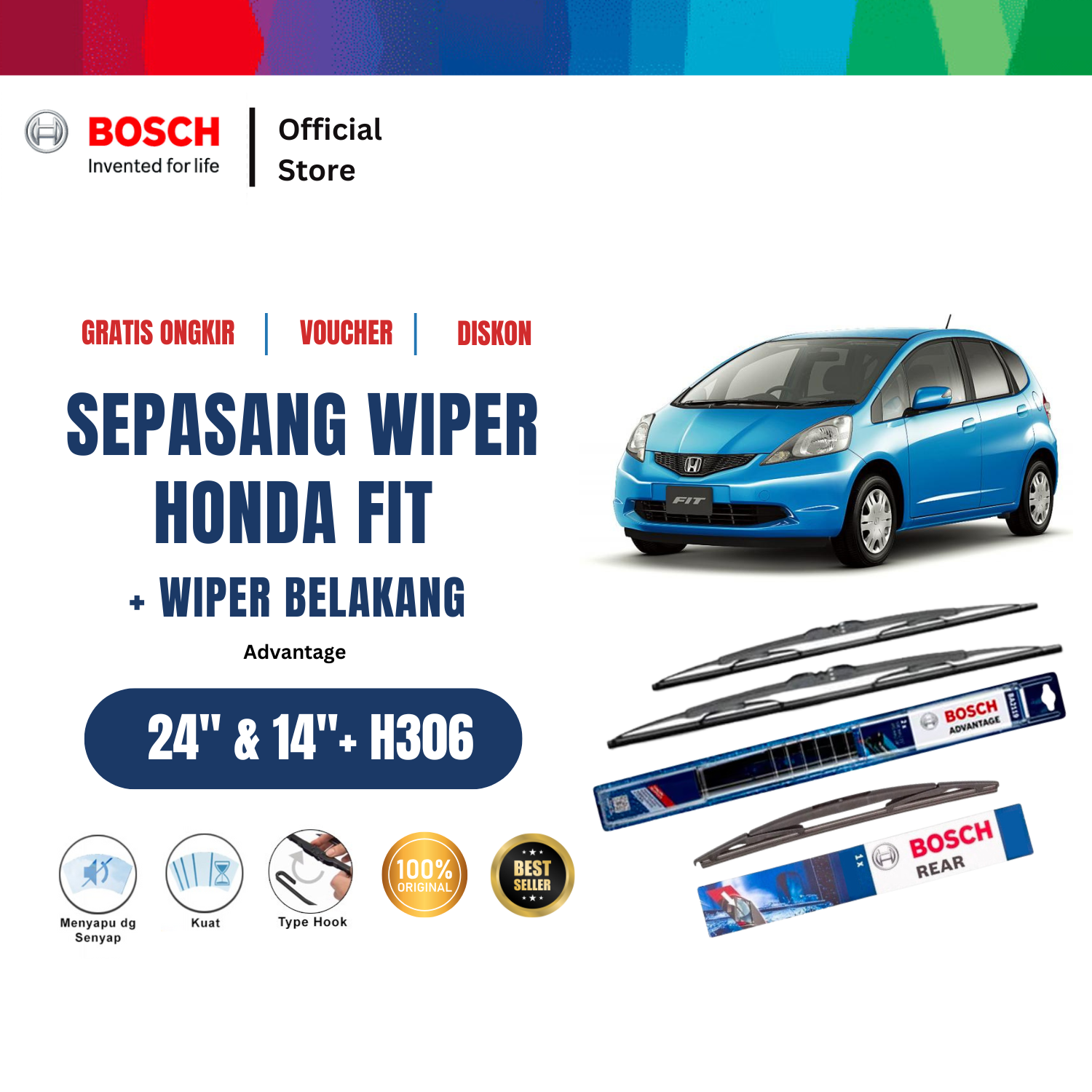 Bosch Wiper Advantage Depan dan Belakang Mobil Honda Fit Set 24 dan 14 inchi dan H306 12 inchi Harga 242,760 rupiah*Gratis Ongkir