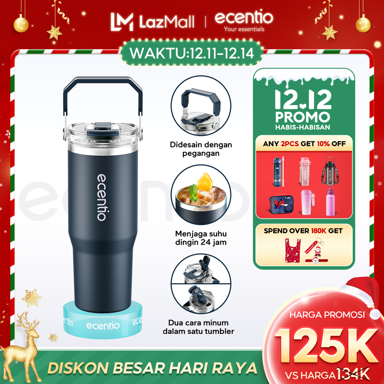 Ecentio Stainless Steel Tumbler Bpa Free Cold Resistant 24 Hours Coffee Thermos 900ml Stainless Steel Drinking Bottle 304 and Straw Harga  125,000 rupiah*Gratis Ongkir