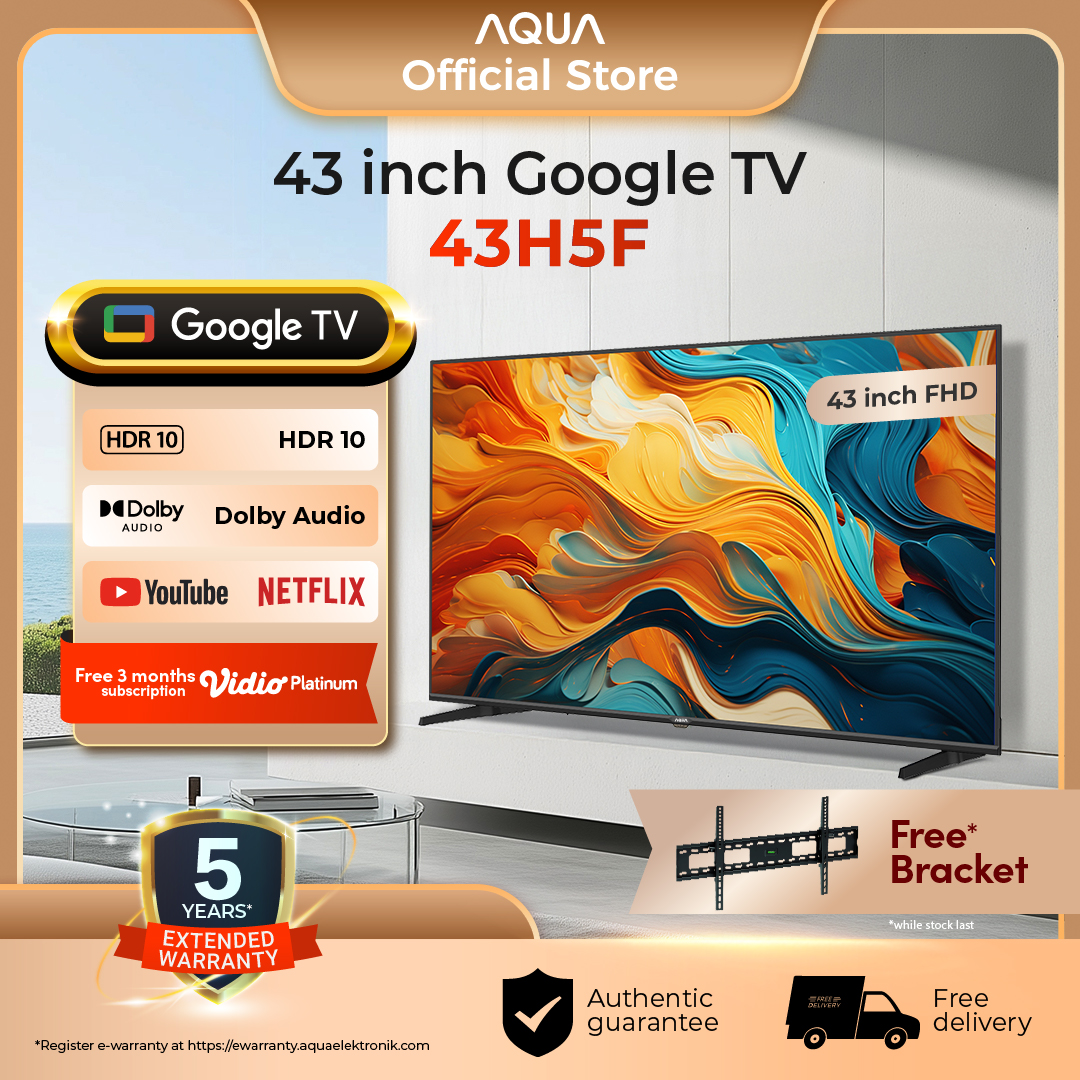 Aqua Elektronik Tv 43H5F - Fhd-Hdr 10-Dolby Audio- Google Tv - Google Play/Netflix/Youtube/Disney+Hotstar - Smart Tv - Ram 1.5Gb Rom 8GbAQUA Elektronik TV 43H5F - FHD-HDR 10-Dolby Audio- Google TV - Google Play/Netflix/YouTube/Disney+Hotstar - Smart TV - Harga  2,989,000 rupiah*Gratis Ongkir