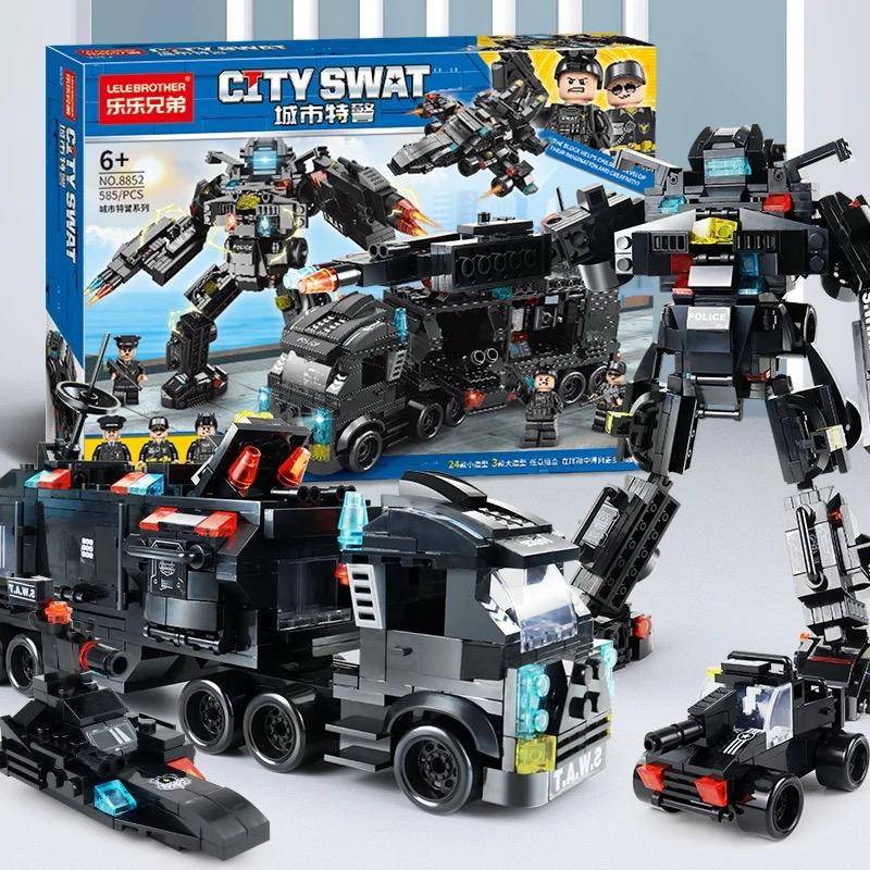 585Pcs Robot Polisi Mainan Brick Blok City Police Vehicle Hawk SWAT Mainan Hadiah Ulang Tahun Mainan Anak