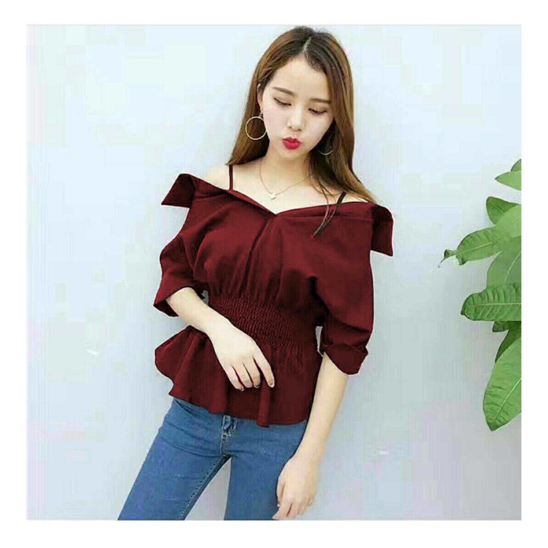 369 Blouse Becca Casual Wanita Model Sabrina Bahan Baloteli Import - Maroon 369 Blouse Becca Casual Wanita Model Sabrina Bahan Baloteli Import - Maroon
