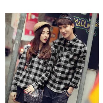 369 Kemeja Couple Lengan Panjang Motif Kotak Putih Hitam .