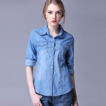 Gambar Amart Fashion Denim Shirt Women Long Sleeve Turn Down Collar Blouse Jeans Shirts Tops