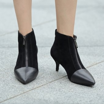 Gambar Amii Kulit Domba Baru Kulit Ritsleting Menunjuk Ankle Boots (Hitam)