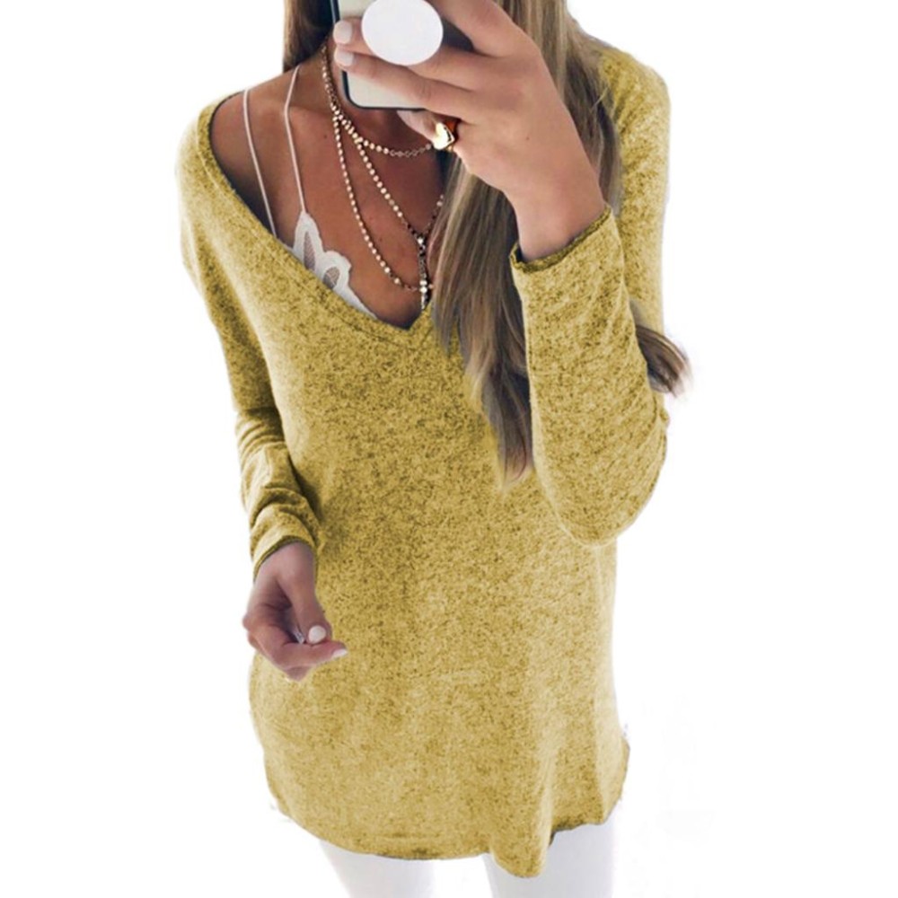 Atasan Wanita Girl Long Sleeve V Leher Solid Warna Soft Kasual Blus Pullover Tops Sweter-Intl