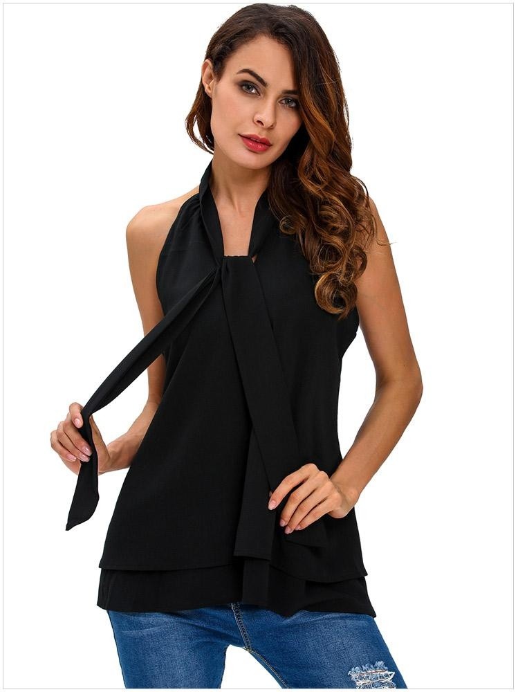 Auxo V Warna Solid Leher Tanpa Lengan Pullover Kasual Longgar Musim Panas T-Shirt Atasan Hitam-Internasional