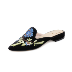 Carrefour Eropa Dan Amerika Serikat Musim Semi Dan Musim Gugur Bunga Bordir Menunjuk Sepatu Sandal (Hitam)