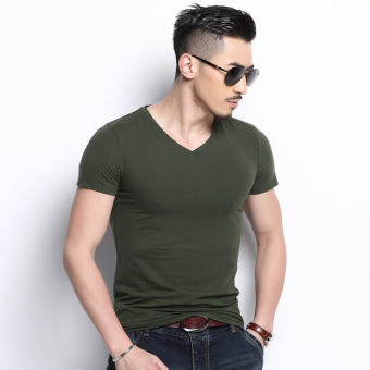 Gambar Casual Lycra solid color cotton short sleeved versatile bottoming shirt summer T shirt (Hijau gelap)