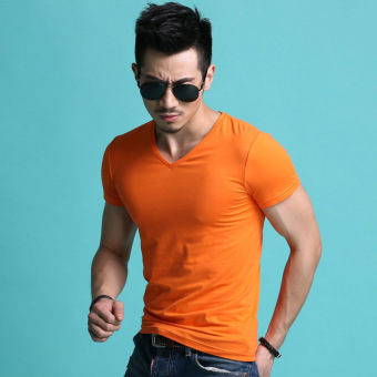 Gambar Casual Lycra solid color cotton short sleeved versatile bottoming shirt summer T shirt (Oranye)