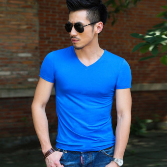 Gambar Casual Lycra solid color cotton short sleeved versatile bottoming shirt summer T shirt (Warna biru)