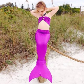 Gambar CatWalk 3 Buah Kostum Mermaid Anak Gadis Pakaian Renang Bikini Set3 Ekor   8Years (Ungu)