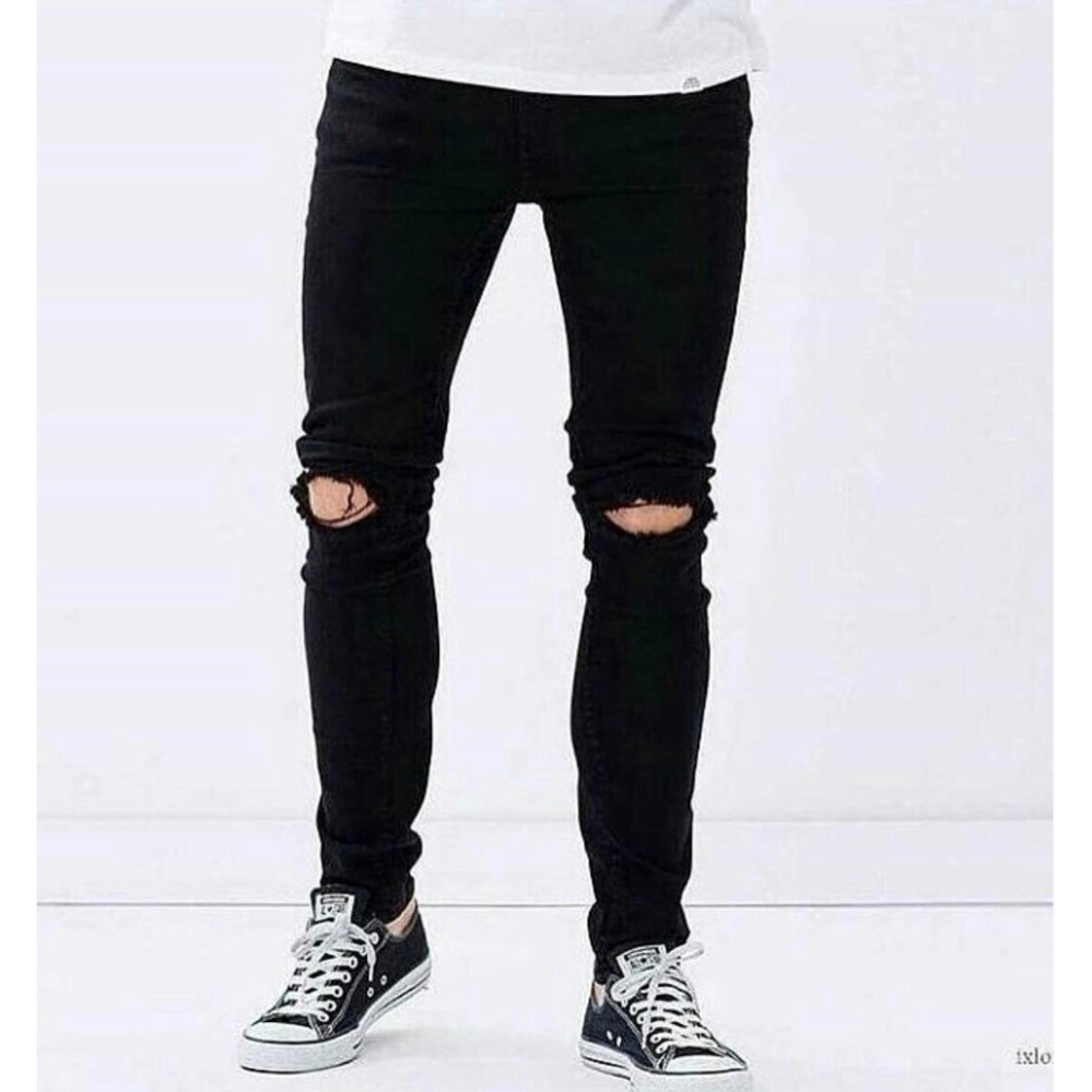 Celana Jeans Pria Hitam/Black Sobek/ripped Lutut