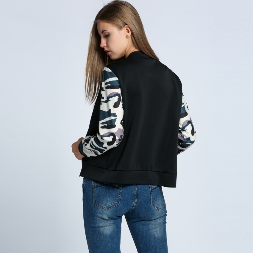 Cyber Fashion jaket bomber slim kasual kamuflase kain perca berlengan pendek untuk Wanita (hitam)