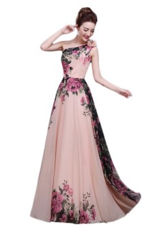 Gambar EOZY 2016 Fashion wanita satu bahu gaun pesta panjang bunga cetakwanita gaun malam (berwarna merah muda)   International