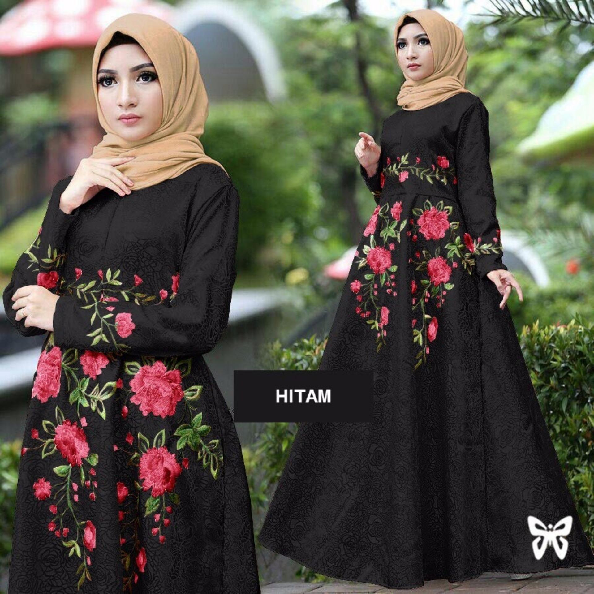 Flavia Store Maxi Dress Lengan Panjang Bordir Bunga FS0135 - HITAM / Gamis / Gaun Pesta Muslimah / Baju Muslim Wanita / Srayana