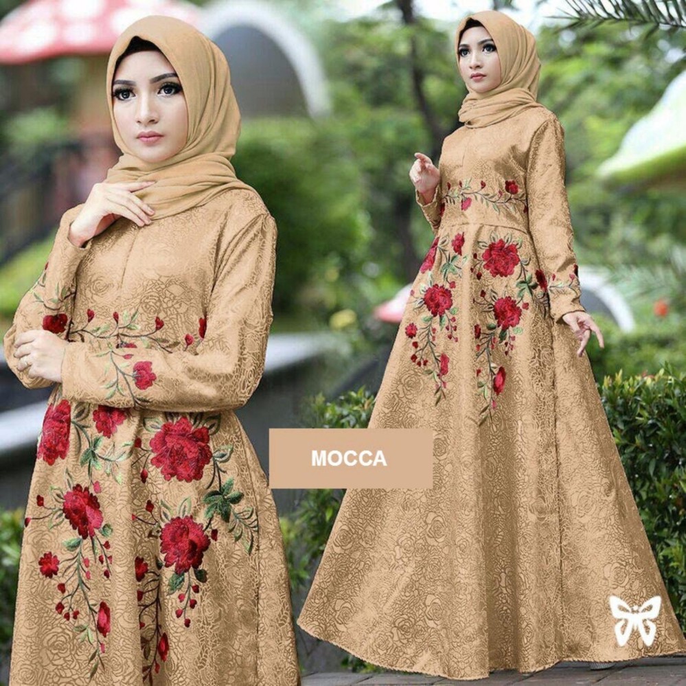 Flavia Store Maxi Dress Lengan Panjang Bordir Bunga FS0138 - MOCCA / Gamis / Gaun Pesta Muslimah / Baju Muslim Wanita / Srayana