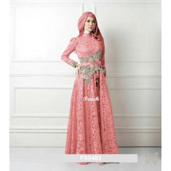 Gambar Flavia Store Maxi Dress Lengan Panjang Set 3 in 1 Bordir Bunga FS0483   PEACH   Gamis   Gaun Pesta Muslimah   Baju Muslim Wanita   Hijab   Srrosalinda