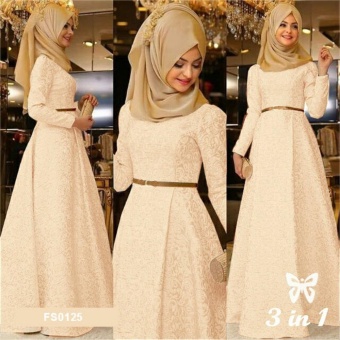 Gambar Flavia Store Maxi Dress Lengan Panjang Set 3 in 1 FS0125   CREAM   Gamis   Gaun Pesta Muslimah   Baju Muslim Wanita   Hijab   Srzamirah