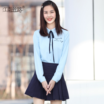 Penawaran Bagus Gadis-gadis Korea musim semi dan musim gugur Slim kemeja sifon (Biru