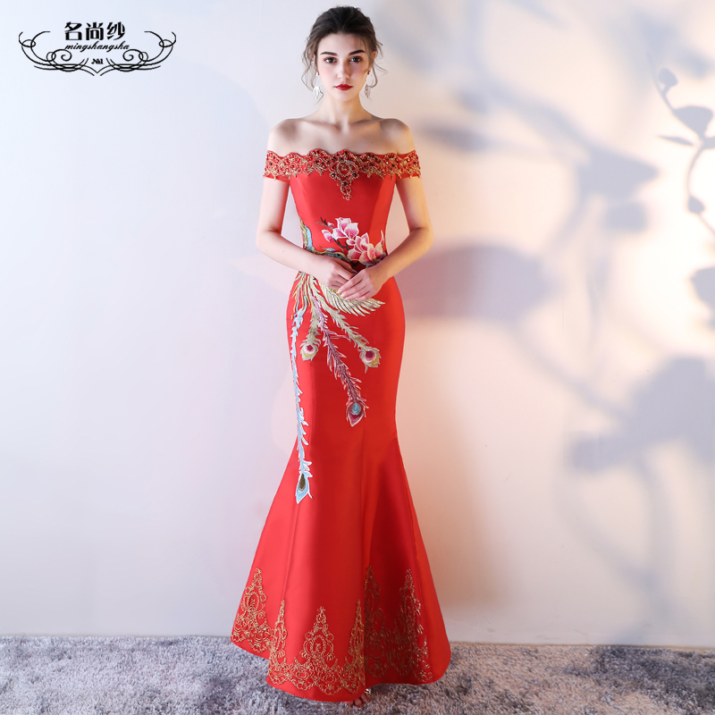 Gaun Pengantin Mermaid Slim Terlihat Langsing Cheongsam Baju Pelayanan (Merah) baju wanita dress wanita Gaun wanita