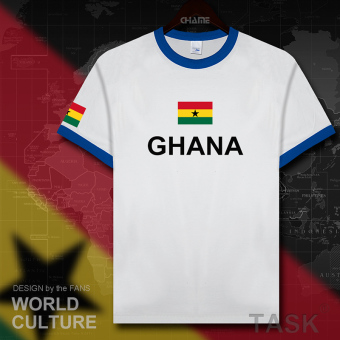 Gambar Ghana sepak bola laki laki lengan pendek t shirt katun (Hit warna kerah biru safir warna tepi hitam kata)