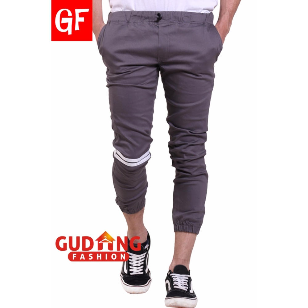 Gudang Fashion - Celana Jogger Pria Panjang Kasual Strip - Abu