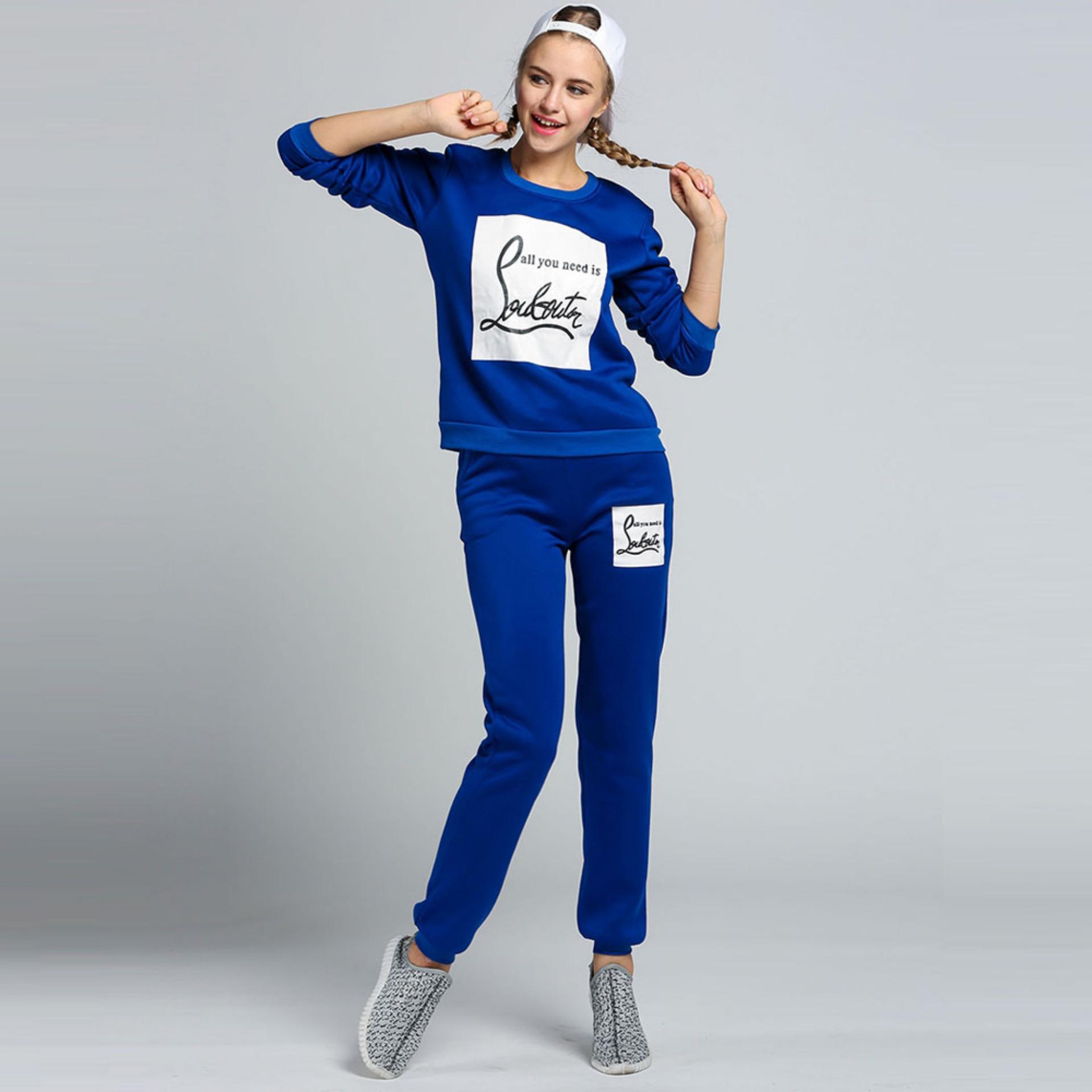 Happycat Wanita Huruf Cetak Sportswear Tracksuits Casual Sweatshirts Hoodie + Celana 2 Pcs Set Keringat dan Celana Set (Biru) -Intl