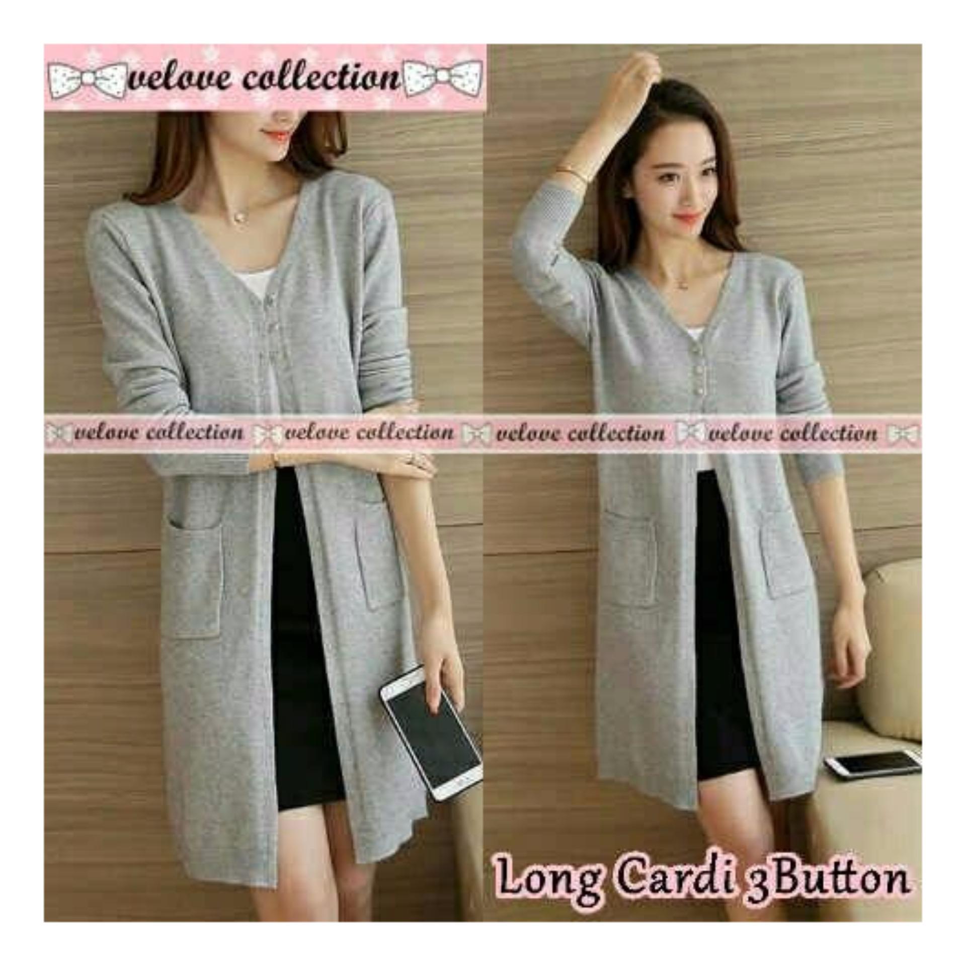 Honeyclothing Long Cardi Wanita Button - Abu