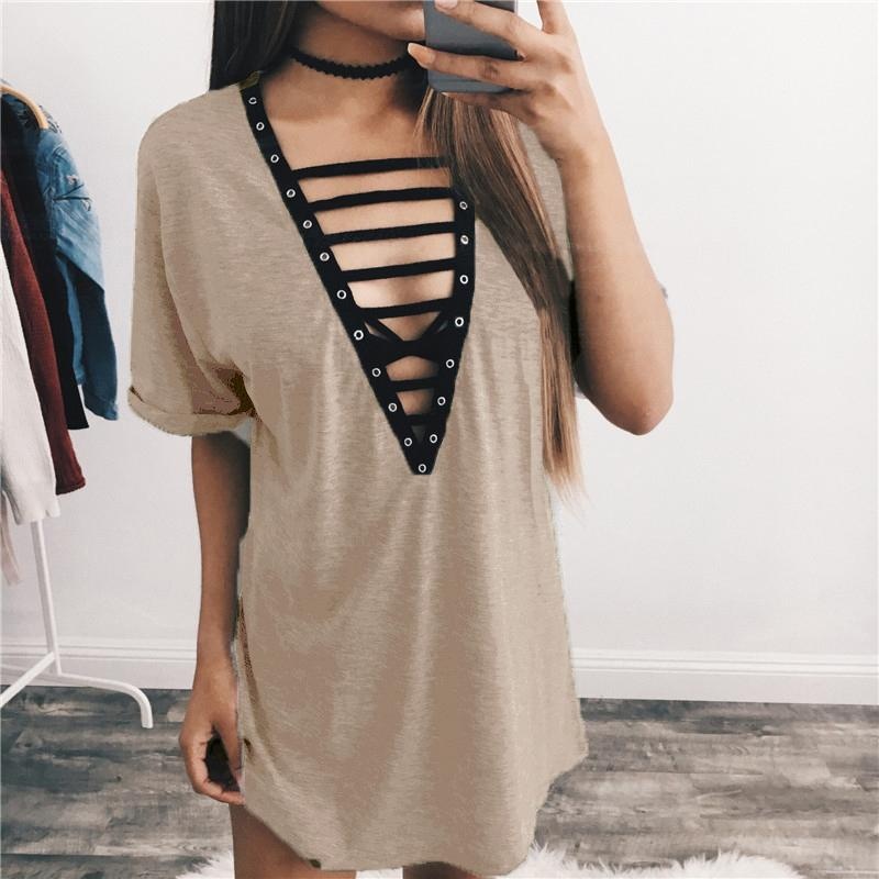 Hot Sale Musim Panas ZANZEA Gaun Wanita Seksi Dalam Atasan Leher V Dicungkil Blus Lengan Pendek Kemeja Kasual Longgar Blusas S-5XL (Khaki) -Intl