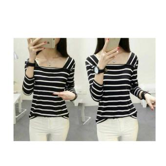 369 Blouse Casual Wanita Motif Salur Lengan Panjang - Hitam ...