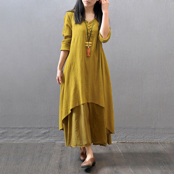 Vestidos 2016 musim gugur Fashion Wanita Gaun Ukuran lebih elegan dengan gaun longgar leher V lengan baju kasual padat sprei katun Boho gaun panjang Maxi ...