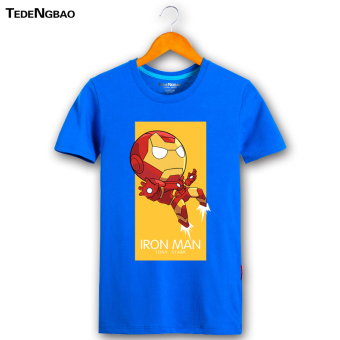 Gambar Iron Man pria katun leher bulat lengan pendek pecinta t shirt (Biru Iron Man)