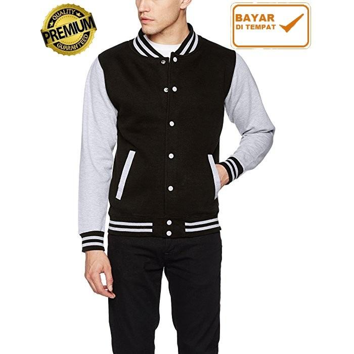 Jaket Baseball Varsity Navy Putih Polos - Unisex