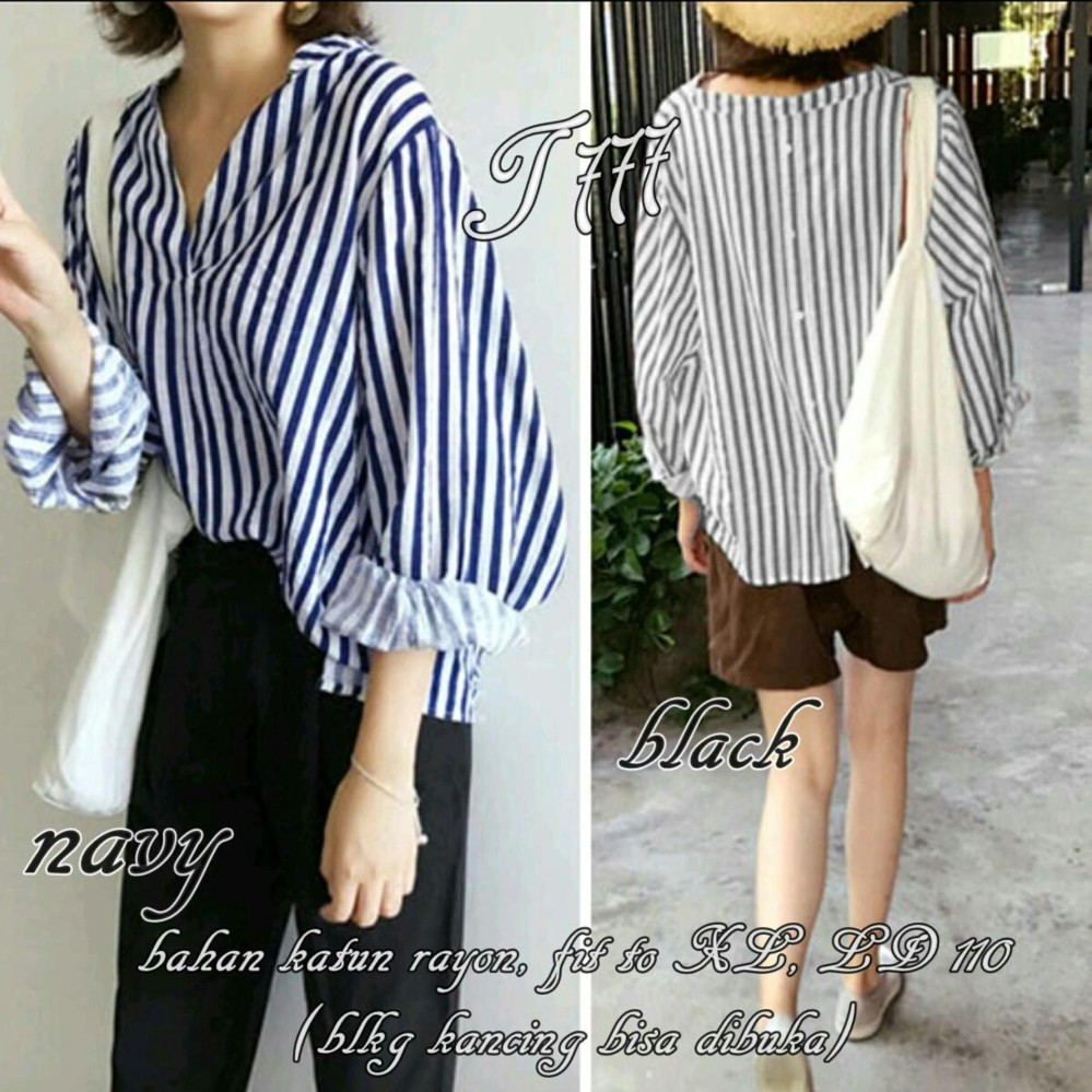 J&C Atasan Salur Seona / Kemeja Jumbo / Blouse Jumbo / Blouse Korea / Blouse Casual / Kemeja Kantoran / Kemeja Casual Wanita / Kemeja Wanita / Atasan Wanita / Kemeja Katun / Kemeja Korea