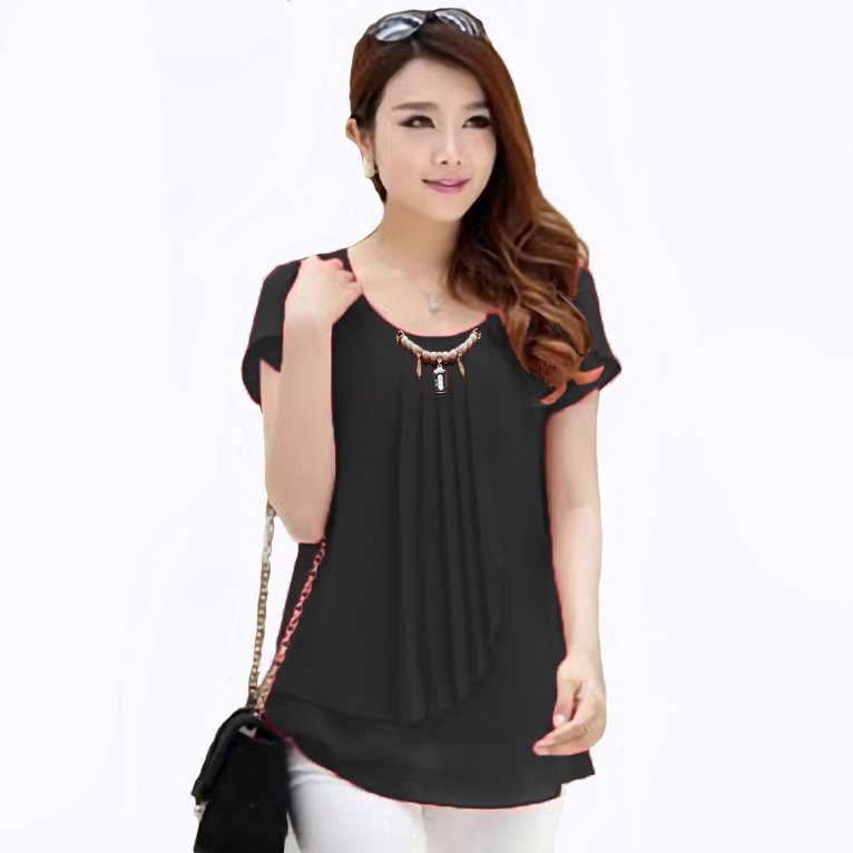 Jfashion Blus Chiffon Gaya Korea Tangan Pendek Variasi Kalung Mutiara Jfashion Blus Chiffon Gaya Korea Tangan Pendek Variasi Kalung Mutiara