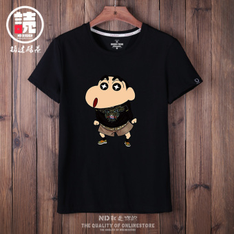 Gambar Kaos Oblong Pria Lengan Pendek Katun Murni Kerah Bulat Pola Crayon Shin chan Jepang Membentuk Tubuh (Hitam kecil baru bunga sepatu)