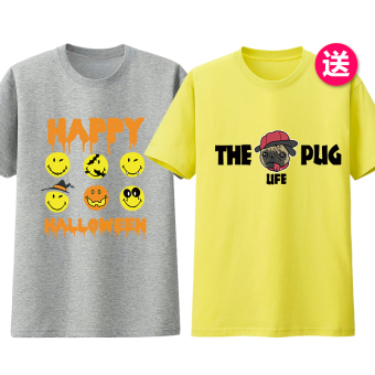 Gambar Kapas dicetak pria lengan pendek t shirt wajah tersenyum siswa bottoming kemeja (Halloween abu abu + pug kuning)