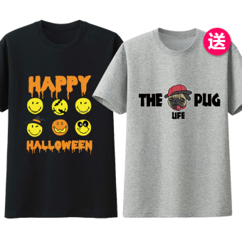 Gambar Kapas dicetak pria lengan pendek t shirt wajah tersenyum siswa bottoming kemeja (Halloween hitam + pug abu abu)