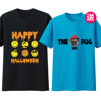 Gambar Kapas dicetak pria lengan pendek t shirt wajah tersenyum siswa bottoming kemeja (Halloween hitam + pug biru muda)