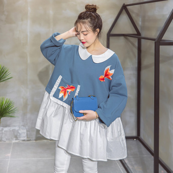 Gambar KEIKO Korea Fashion Style asli baru ikan mas lengan panjang gaun (Biru)
