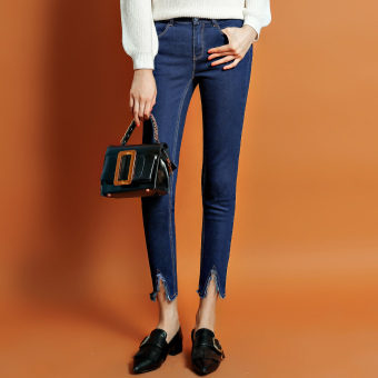 Gambar Korea Fashion Style biru ritsleting adalah celana jeans tipis celana (Celana jeans biru tua)