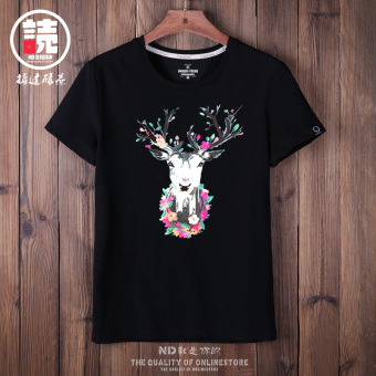 Gambar Korea Fashion Style katun laki laki lengan pendek mahasiswa t shirt (Hitam dengan rusa ciy) (Hitam dengan rusa ciy)