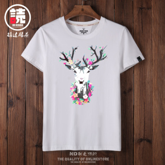 Gambar Korea Fashion Style katun laki laki lengan pendek mahasiswa t shirt (Putih dengan rusa ciy) (Putih dengan rusa ciy)