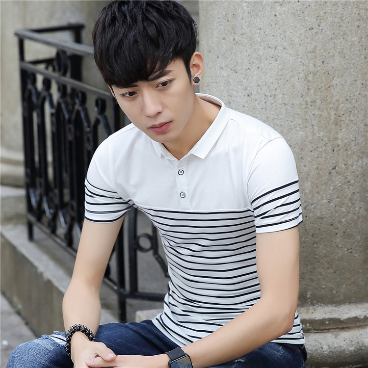 Korea Fashion Style Lengan Pendek Polo Kemeja Kerah Slim T-shirt (Biru NAVY)