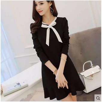 Gambar Korean Black Long Sleeve Casual Dresses Cheap With Bow Knee LengthParty Skirt   intl