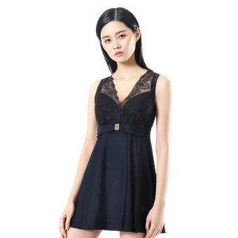 Gambar LINING Adalah Petinju Tipis Renda Ibu Berenang Baju Renang Sepotong Baju Renang (Hitam) (Hitam)