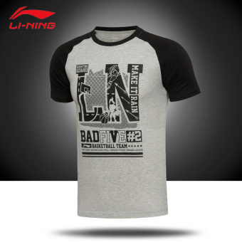 Gambar LINING lengan pendek katun lengan pendek pria basket lengan pendek t shirt t shirt (Bunga abu abu terang baru dasar hitam baru)
