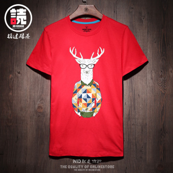 Gambar Longgar Jepang Rusa Katun Lengan Pendek T shirt (CIW merah rusa Mr.) (CIW merah rusa Mr.)